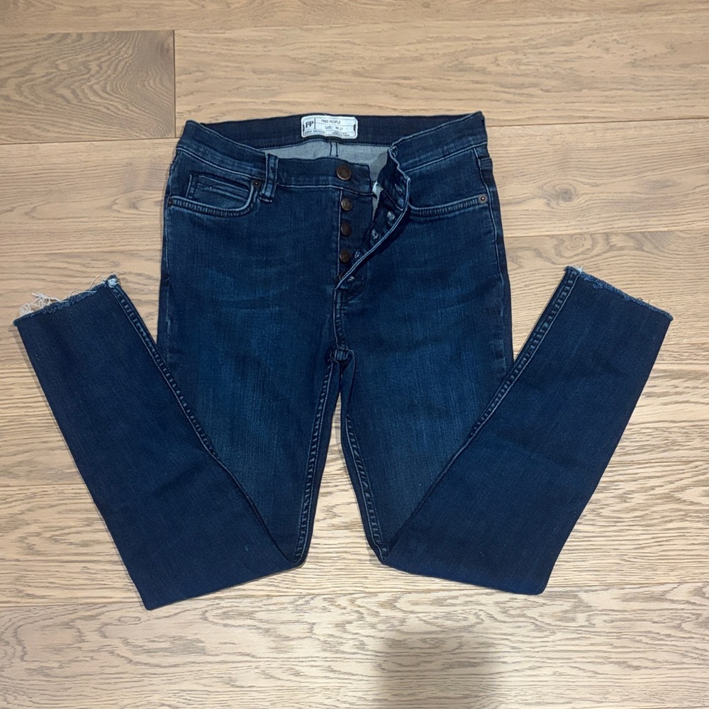 Free People Dark Blue High-Rise Skinny Jeans with Button-Fly